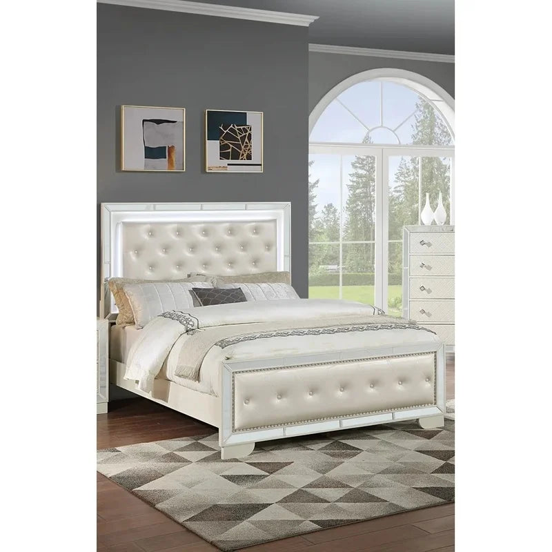 King Size Panel Bed Frame with LED Lights - Beautiful Silver Tufted Faux Leather - Ohberri