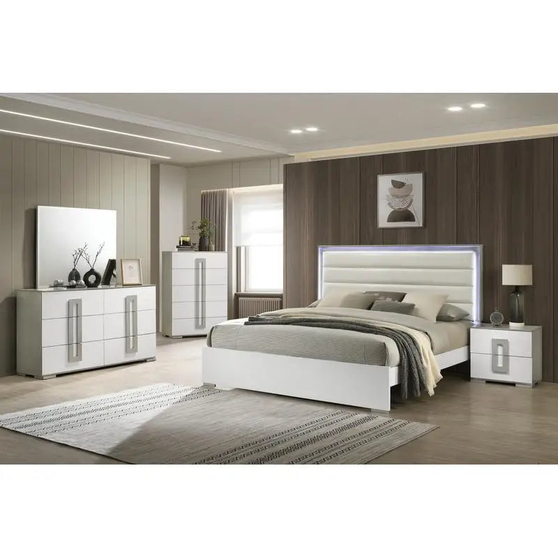 Contemporary 5-Pc King Bed Set with LED Headboard, Wood, White Finish - Ohberri