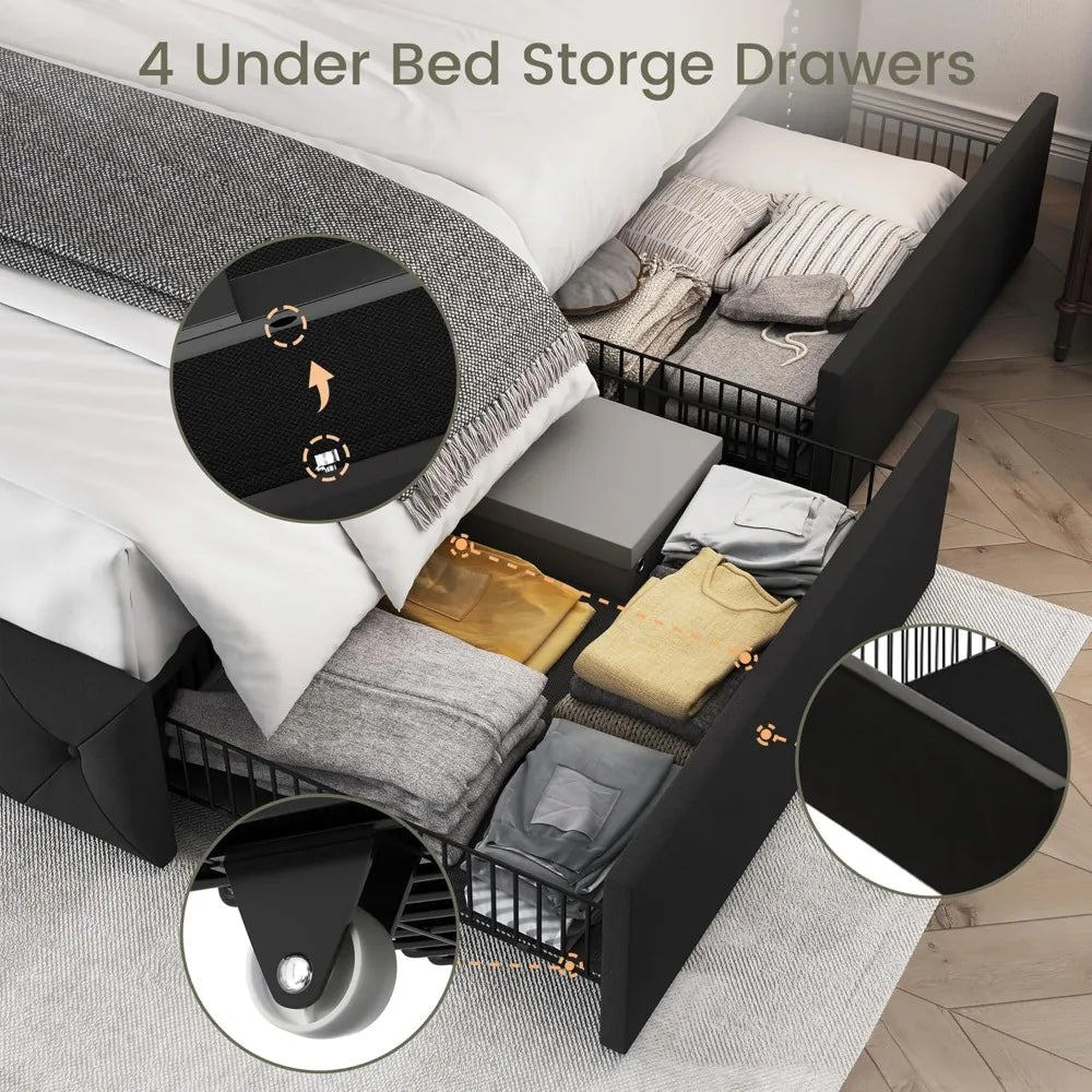 Bed Frame with 4 Storage Drawers and Tufted Headboard Velvet Upholstered Platform - Ohberri