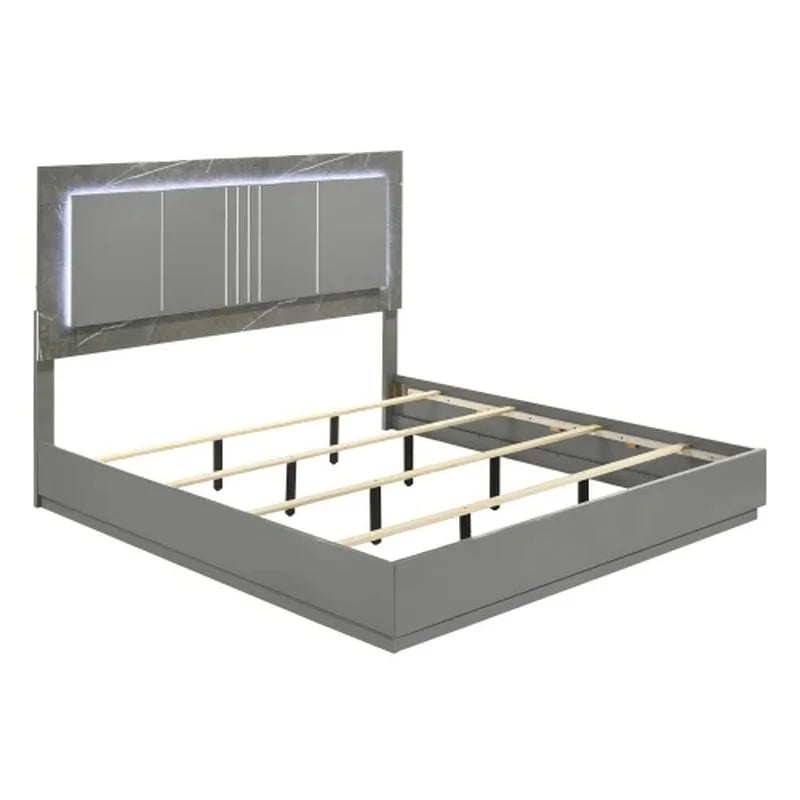 5-Piece Queen Bedroom Set: Two-Tone High-Gloss Marble & Lacquer Finish with LED Lighting, Metal Legs, Spacious Storage - Gray - Ohberri
