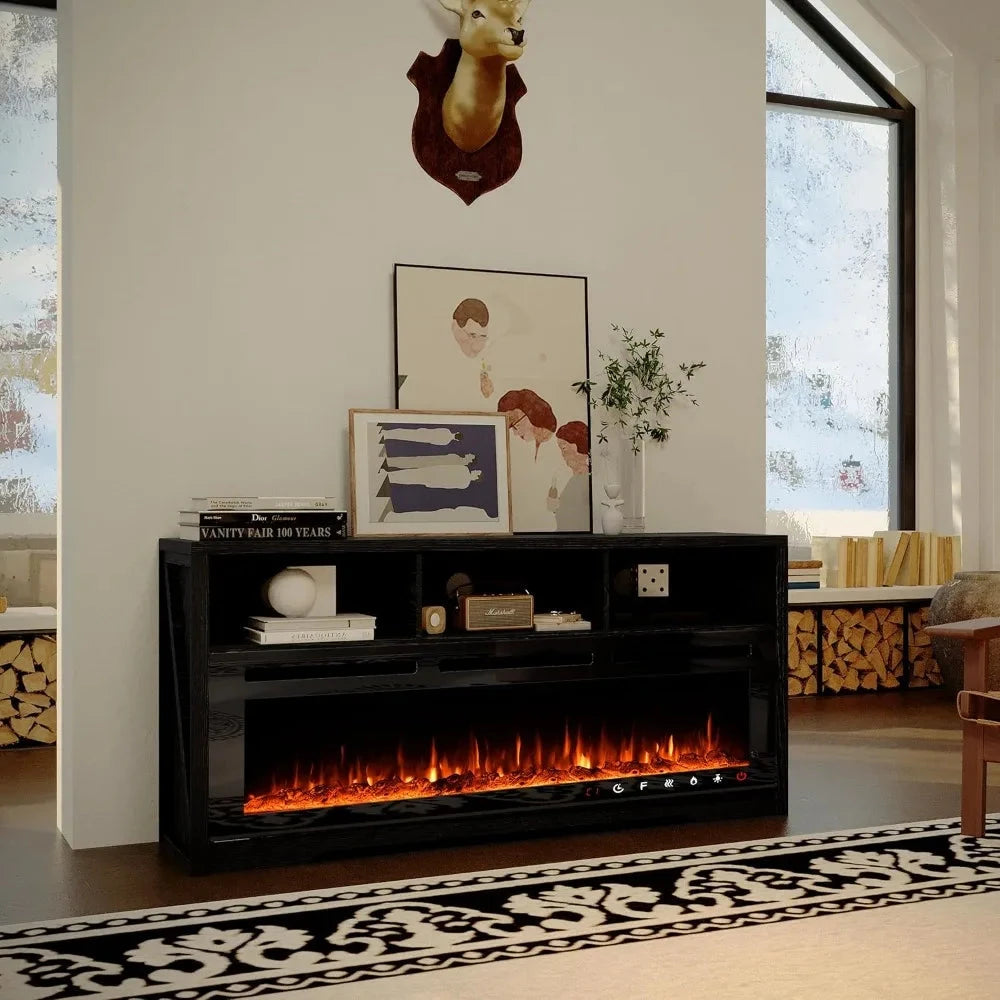 Fireplace TV Stand with 50" Glass Electric Fireplace with Power Outlets for Up to 65 inch TV Ohberri