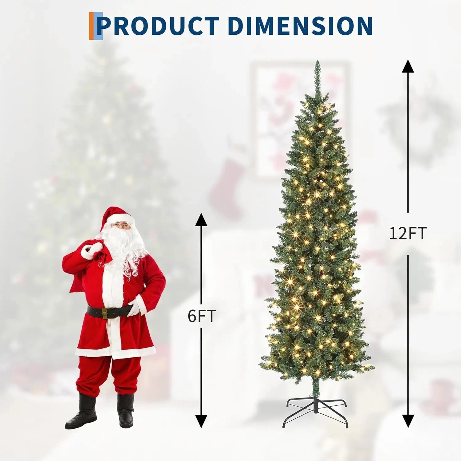 6/7.5/9/12 FT Pencil Christmas Tree Artificial Slim Christmas Tree With LED Light Ohberri