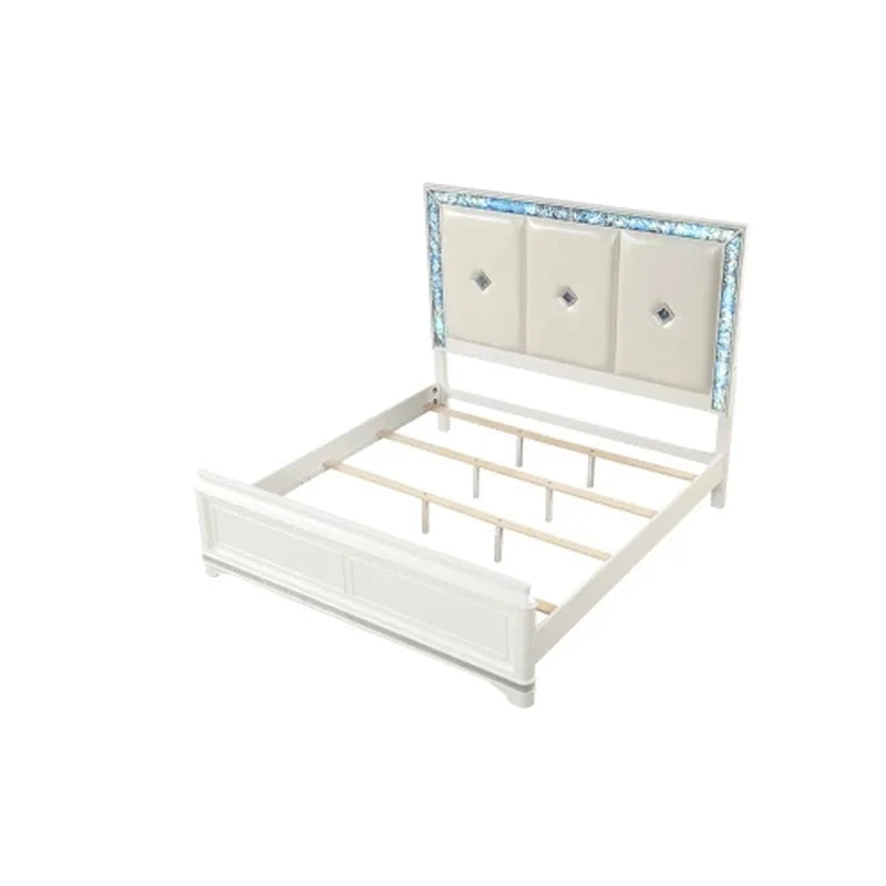 5 Pc King Upholstered Bedroom Set with Wood and Crystal Accents in White - Ohberri