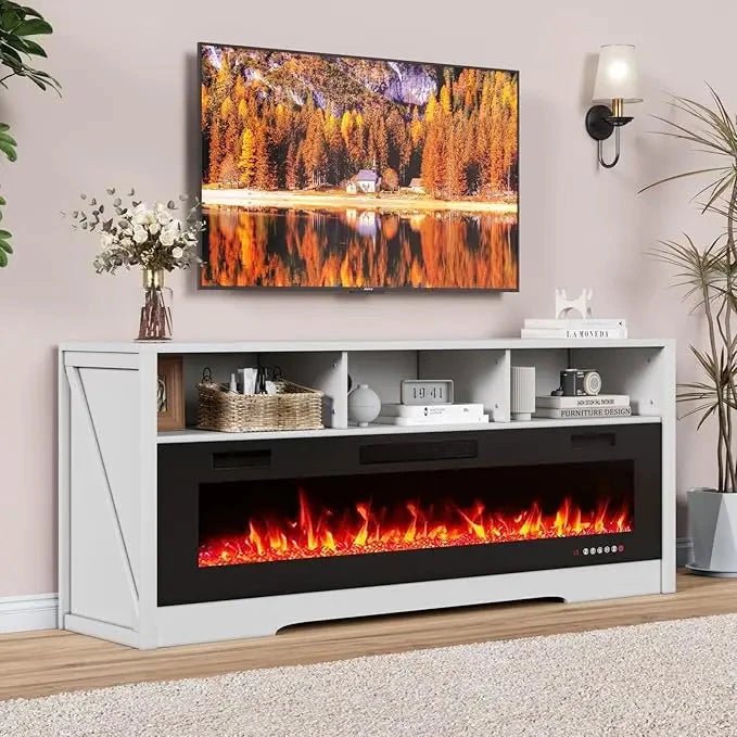 65''Fireplace TV Stand with 60" Fireplace with Open Storage Shelve Ohberri