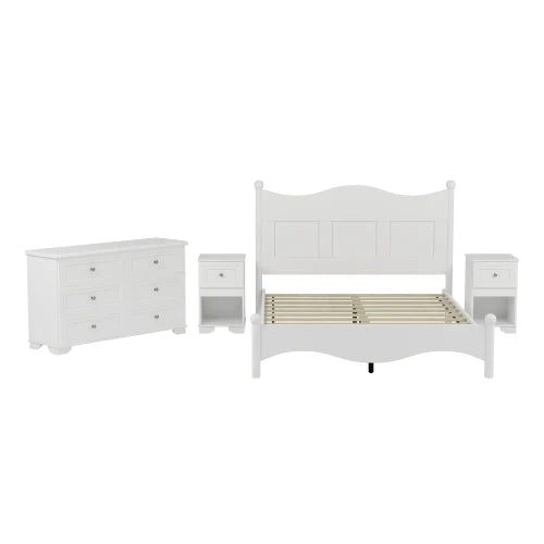 4-Pieces Retro Style Bedroom Sets, Queen Size Platform Bed Storage Nightstand and Dresser with Metal Handle, White - Ohberri