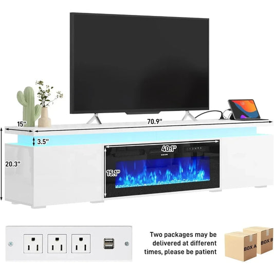 71Inch LED TV Stand with 40In Fireplace for 80Inch TV, Modern with Power Outlet, High Gloss Ohberri