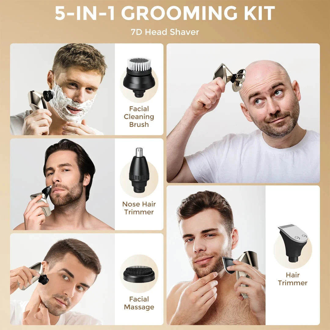 5 In 1 Electric Head Shaver for Bald Men 7D Cordless Razor with Hair Trimmer Multifunctional Ohberri