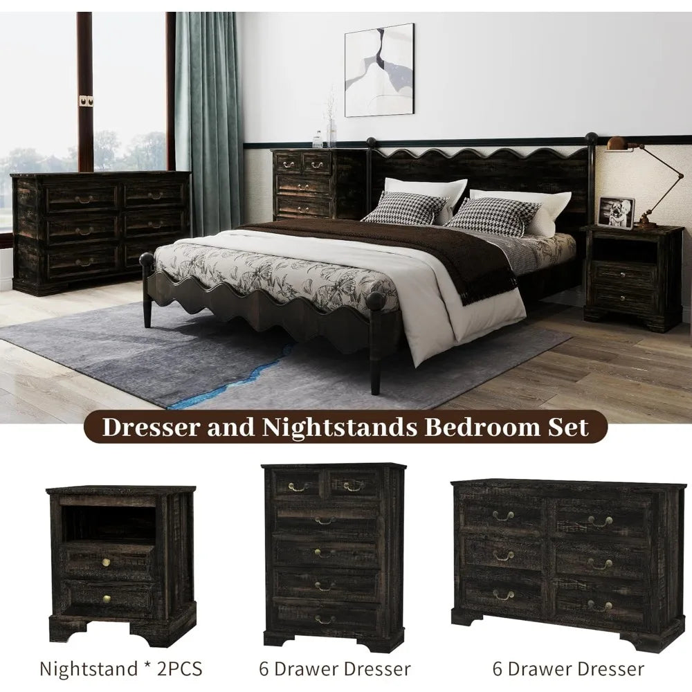 Farmhouse 3 Pieces Bedroom Furniture Set, Rustic Wood 6 Drawer Dresser and Nightstands - Ohberri