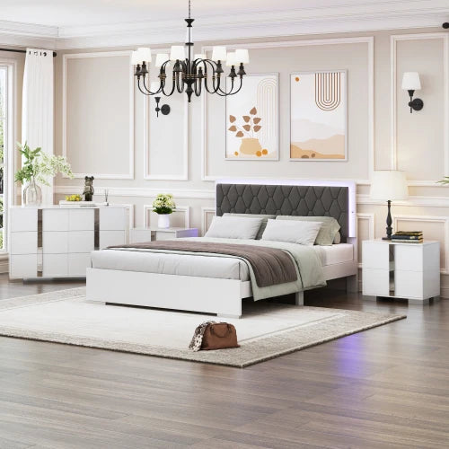 4-Pieces Bedroom Sets Queen Size Upholstered Bed with LED Lights, Mirrored Nightstands and Dresser with Metal Handles and Legs - Ohberri
