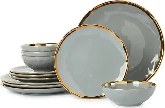 Porcelain Luxury Dinnerware Sets, Modern Plates and Bowls Sets for 4, Highly Chip and Crack Resistant, Grey and Gold Rim Ohberri