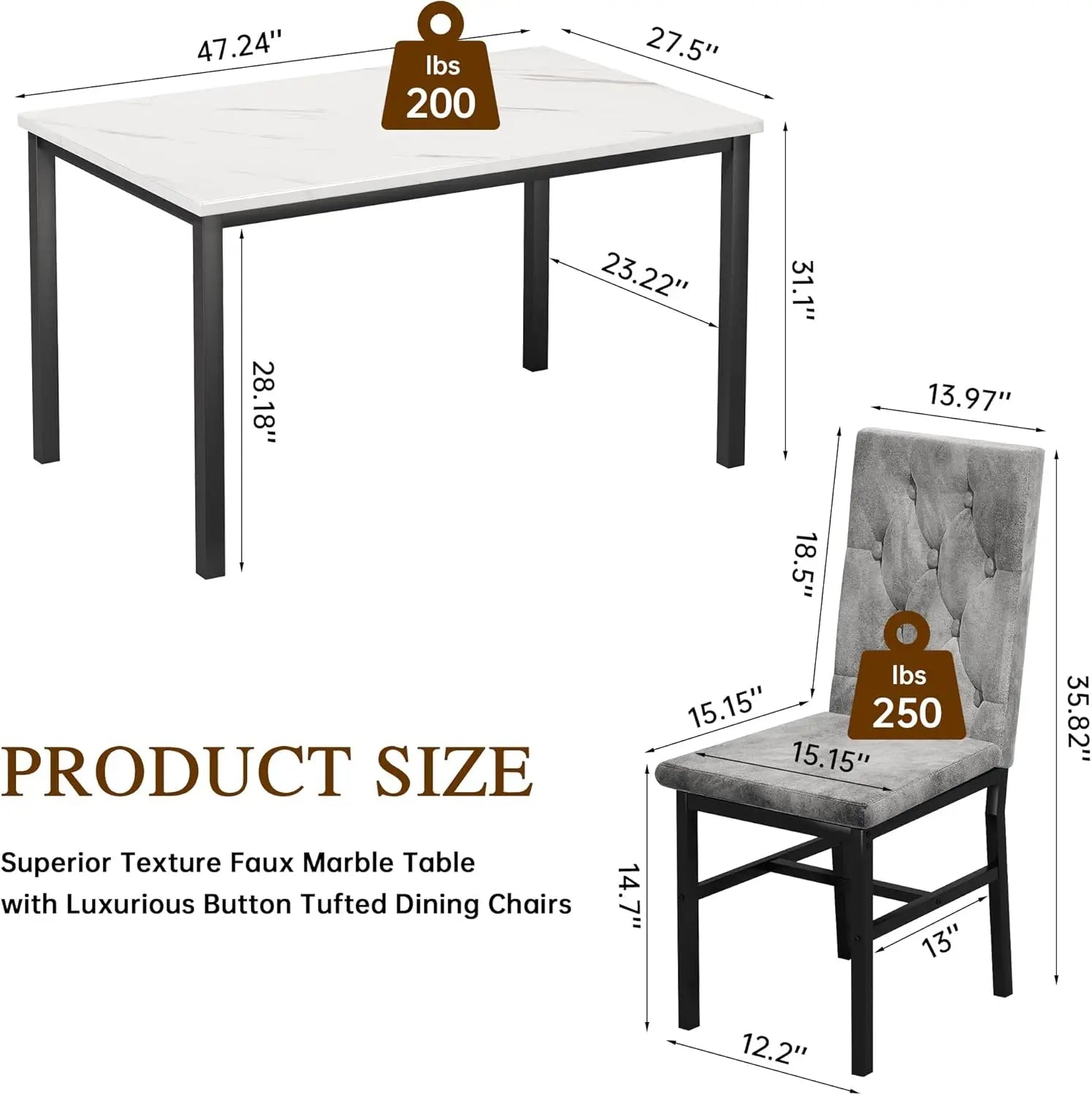 Dining Table Set for 4, Faux Marble Small Kitchen Table Chairs Set of 4 with Luxurious Button Tufted Dinner Chairs - Ohberri