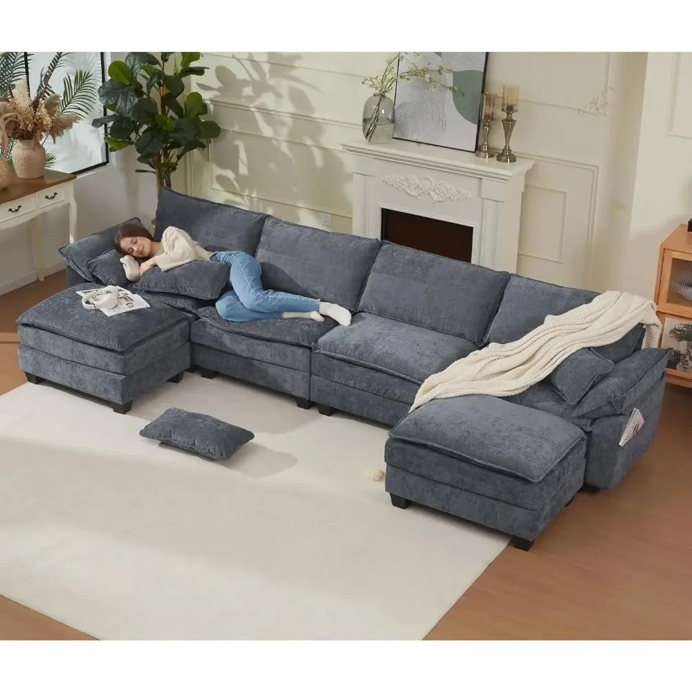 Cloud Couch Sectional with USB, Movable Ottoman, 3-Layer, Modern - Ohberri
