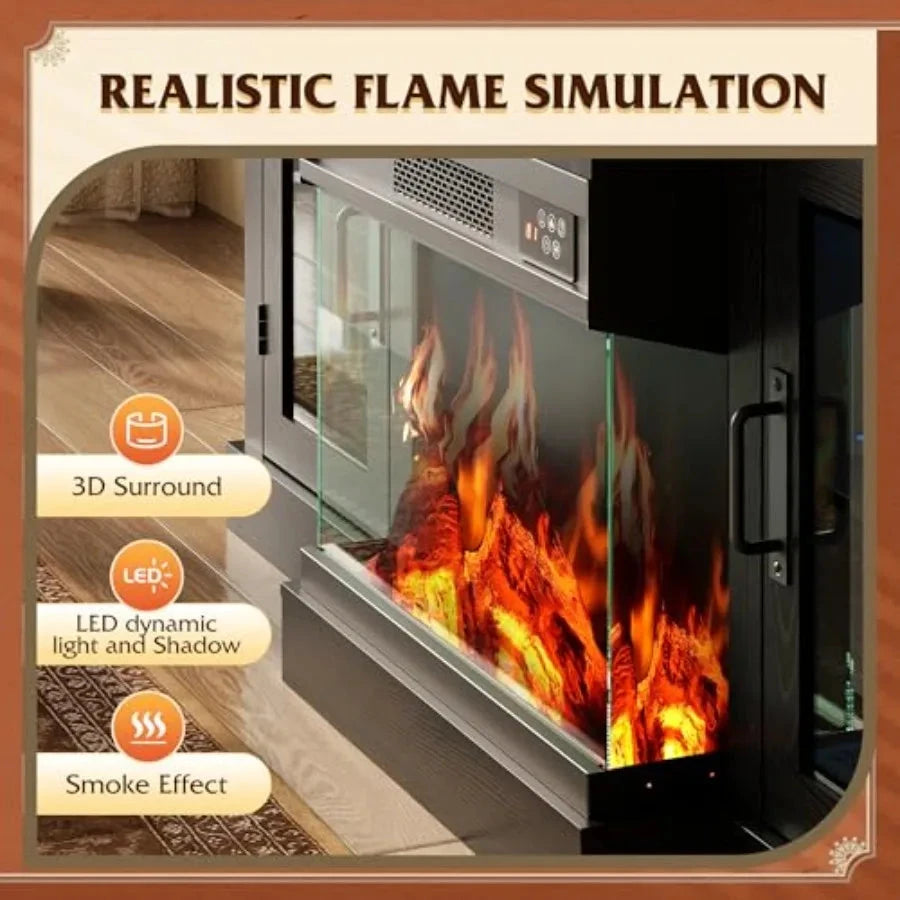 3Sided Glass Electric Fireplace TV Stand for 65 Inch TV with 14 Flame Colors LED Storage Cabinets Ohberri