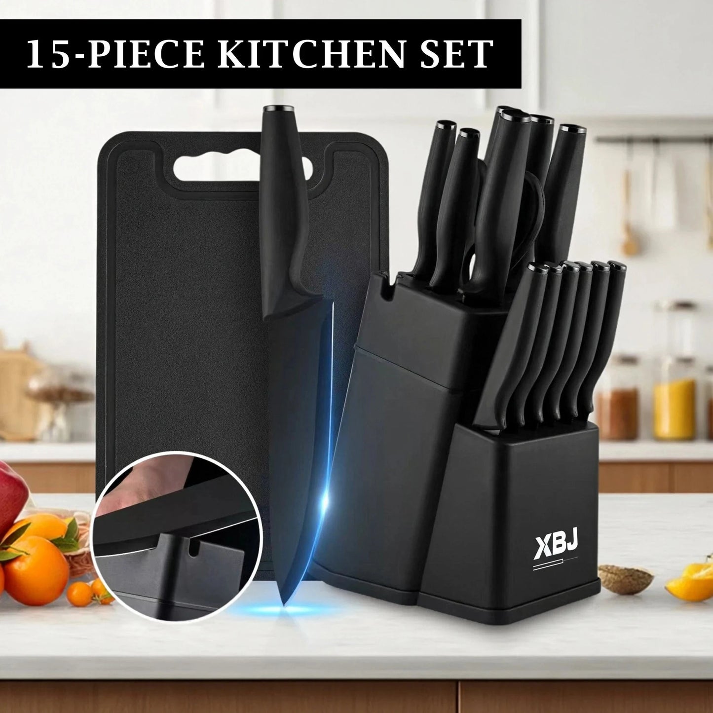 15-piece kitchen stainless steel knife set with knife holder Ohberri