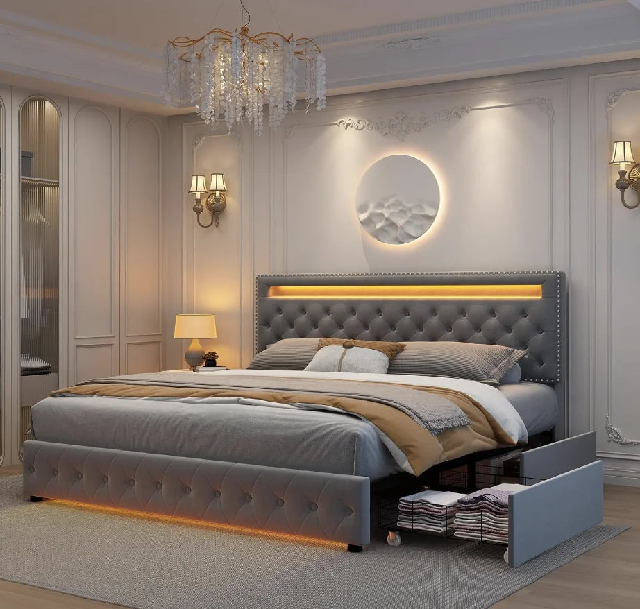 Bed Frame with 4 Storage Drawers, with Smart Control RGBW LED Lights Headboard Footboard, Control DIY Color, Box Sprin - Ohberri