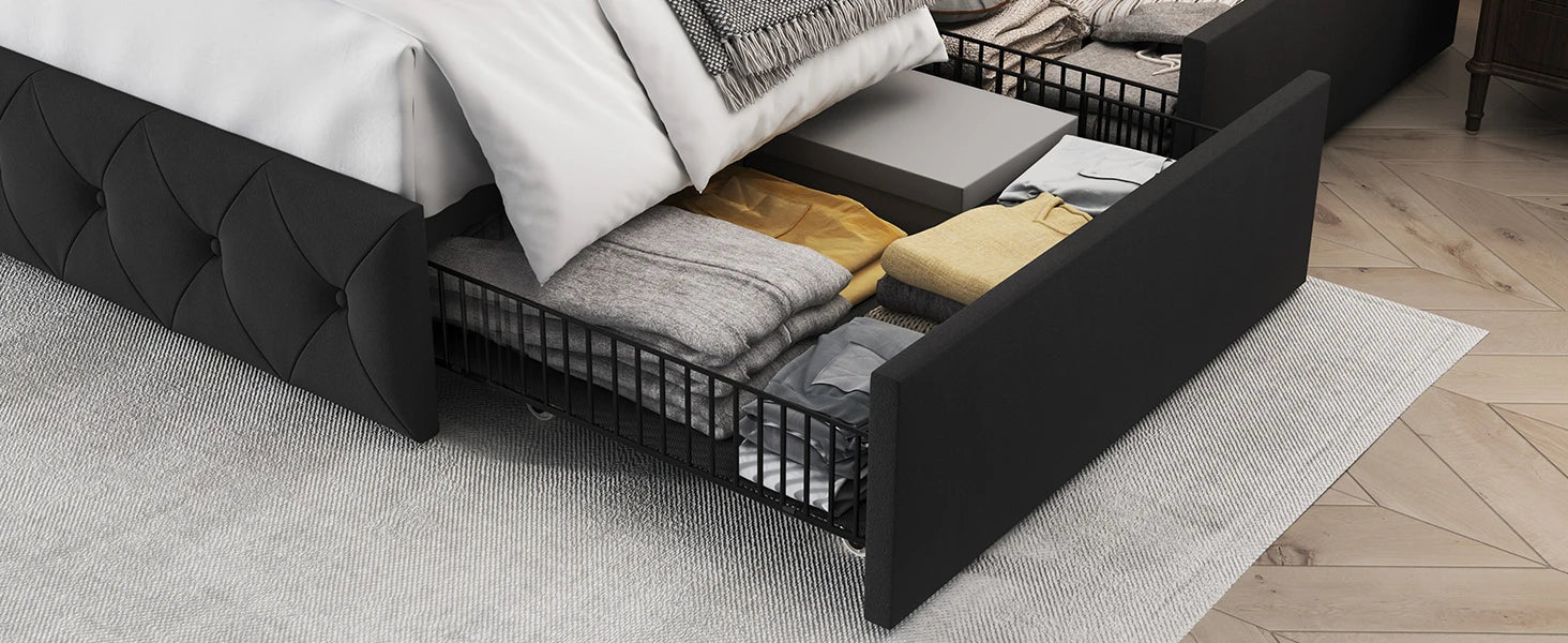 Bed Frame with 4 Storage Drawers and Tufted Headboard Velvet Upholstered Platform - Ohberri