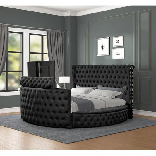 Black Queen Vanity Bedroom Set 5-Piece Wood Furniture with Crystal Tufting, Stylish and Elegant Design for Modern Decor - Ohberri