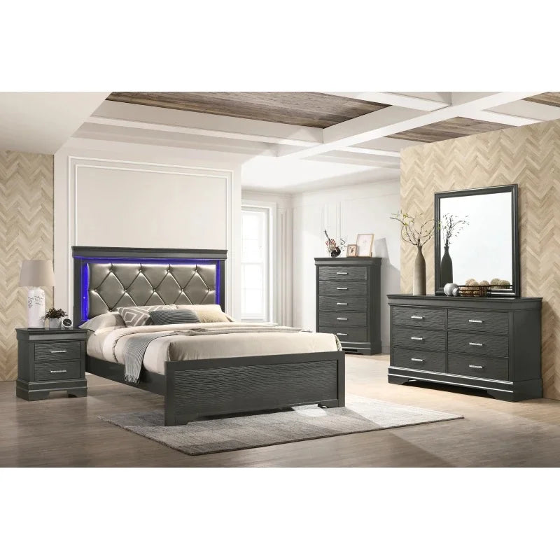 5-Piece Tufted Upholstery LED Bedroom Set: Queen Bed, Nightstand, Dresser, Mirror, and Chest - Made with Wood - Ohberri