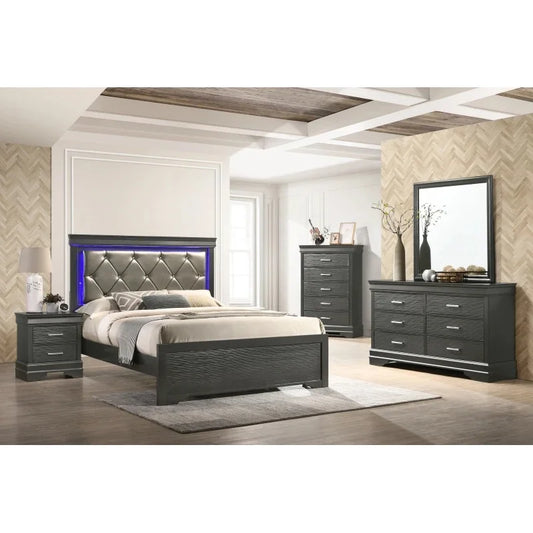 5-Piece Tufted Upholstery LED Bedroom Set: Queen Bed, Nightstand, Dresser, Mirror, and Chest - Made with Wood - Ohberri