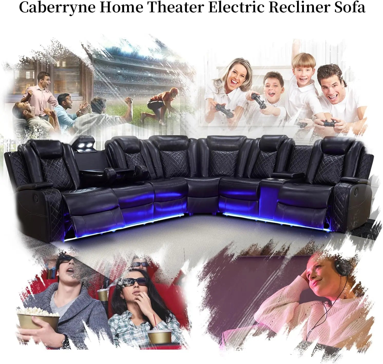 Recliner Leather Sofa Sectional Couch with LED Light with Storage - Ohberri
