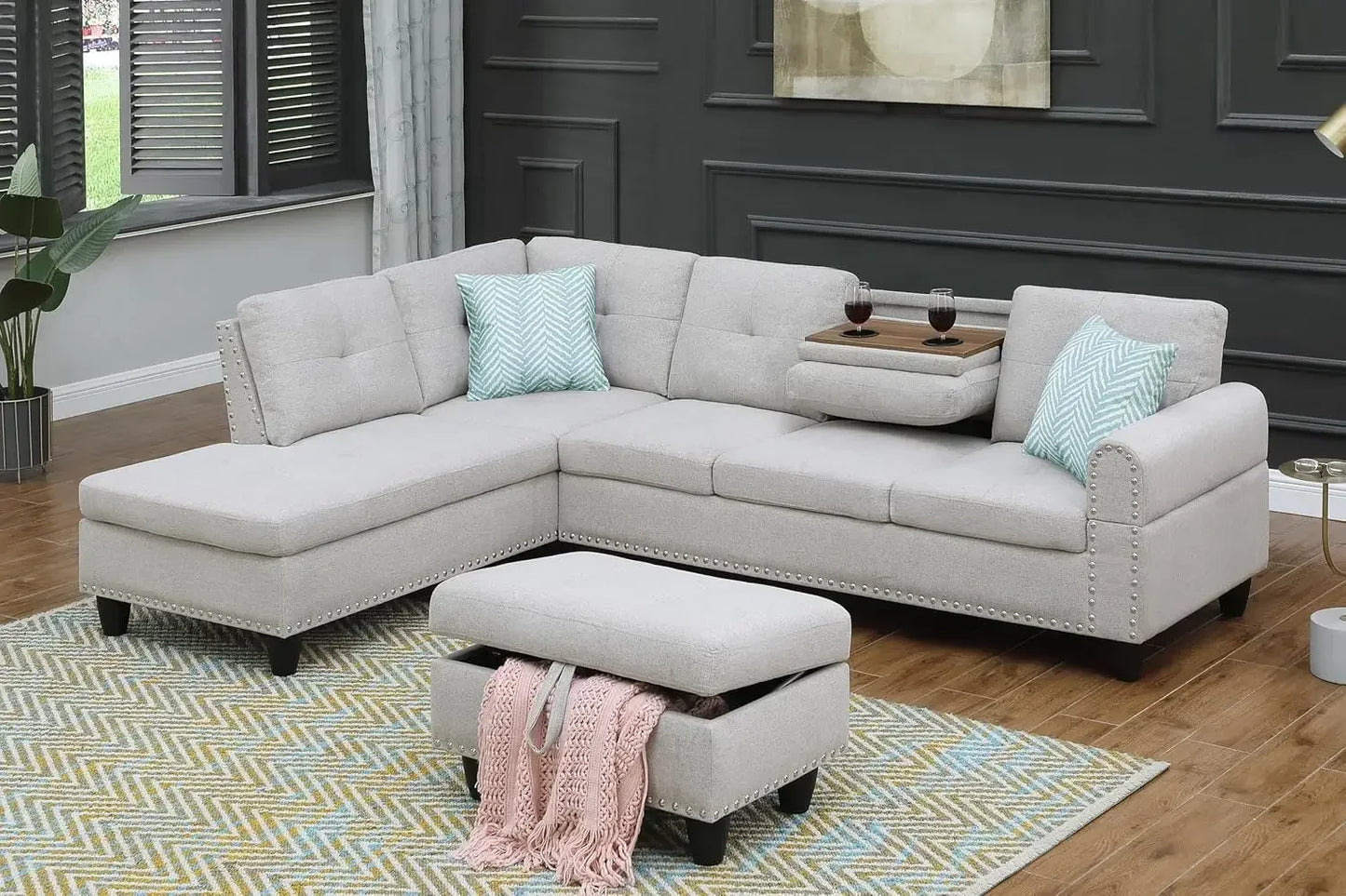 Sectional Sofa Couch, Modern 4-Seaters Living Room Furniture Sets with Chaise Lounge, Ottoman & 2 Pillows | L Shape Couch - Ohberri