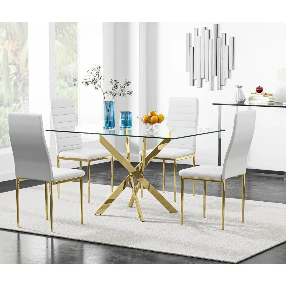 5 Piece Dining Table Table Set, Tempered Glass Dining Tables Set for 4 Kitchen Tables Set with 4 Upholstered Chairs - Ohberri