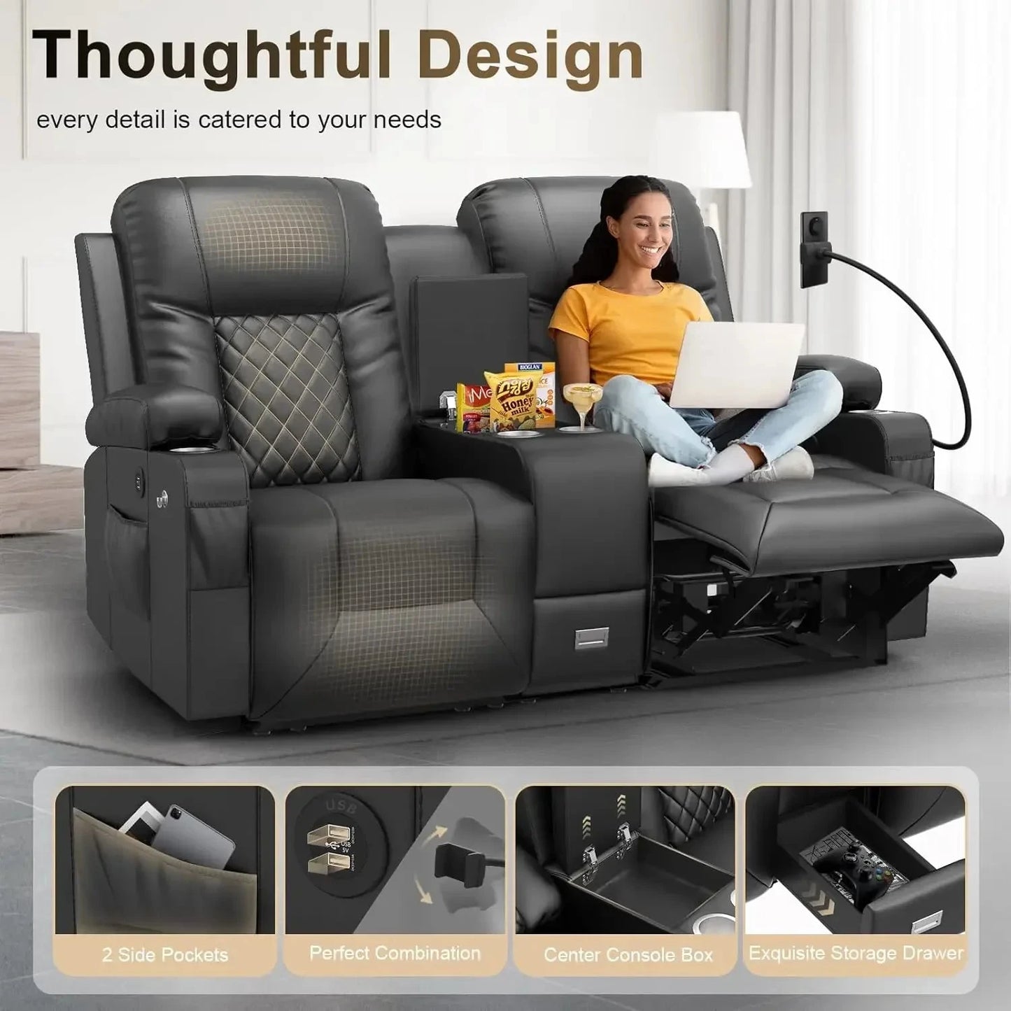 Loveseat Recliner with Storage Console & USB Ports, 2 Cell Phone Holders Ohberri