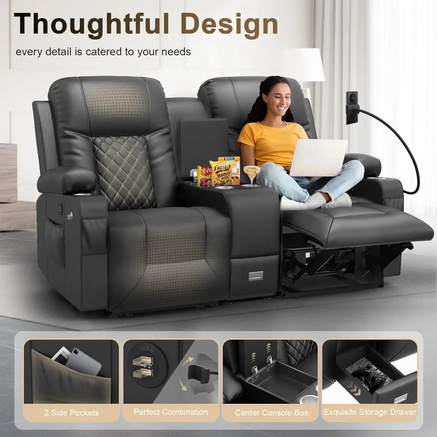Loveseat Recliner with Storage Console & USB Ports, 2 Cell Phone Holders Ohberri