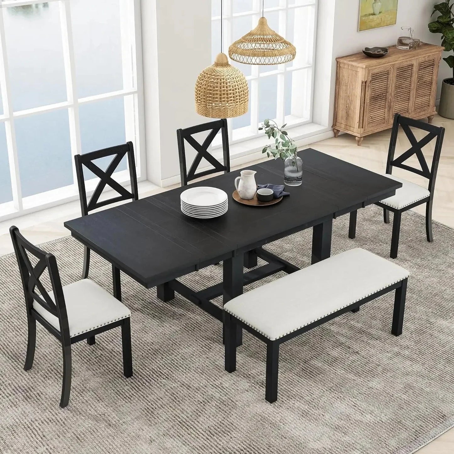 6 Pieces Dining Table Set with Bench, Rectangle Dining Table with 4 Upholstered Chairs & a Bench, Wood Ohberri
