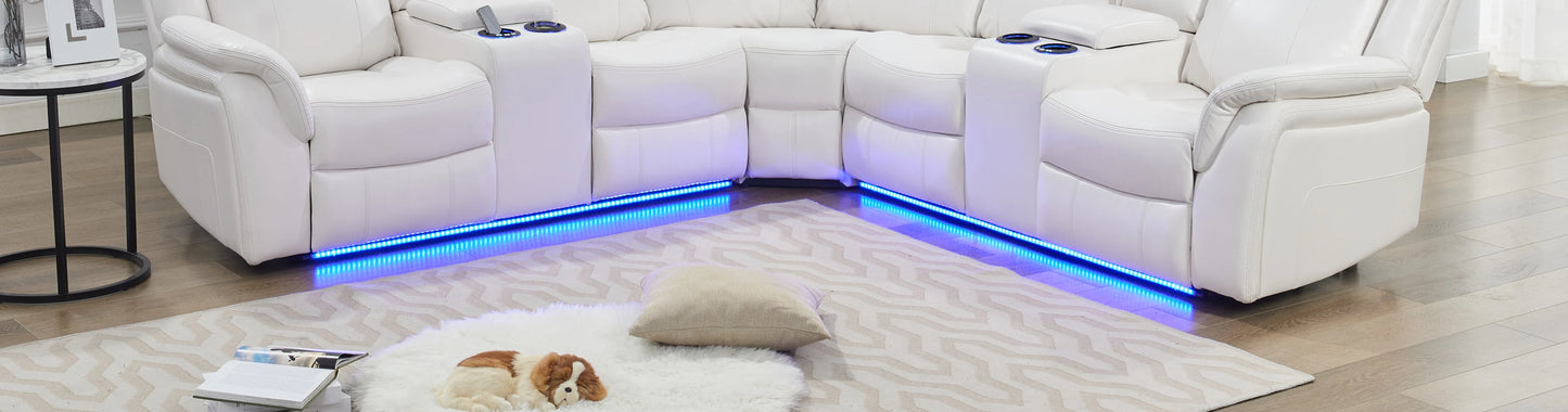 Power Recliner with LED Lights, USB, Cup Holders Storage Console Faux Leather Sectional - Ohberri