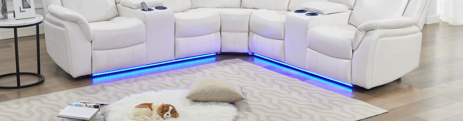 Power Recliner with LED Lights, USB, Cup Holders Storage Console Faux Leather Sectional - Ohberri