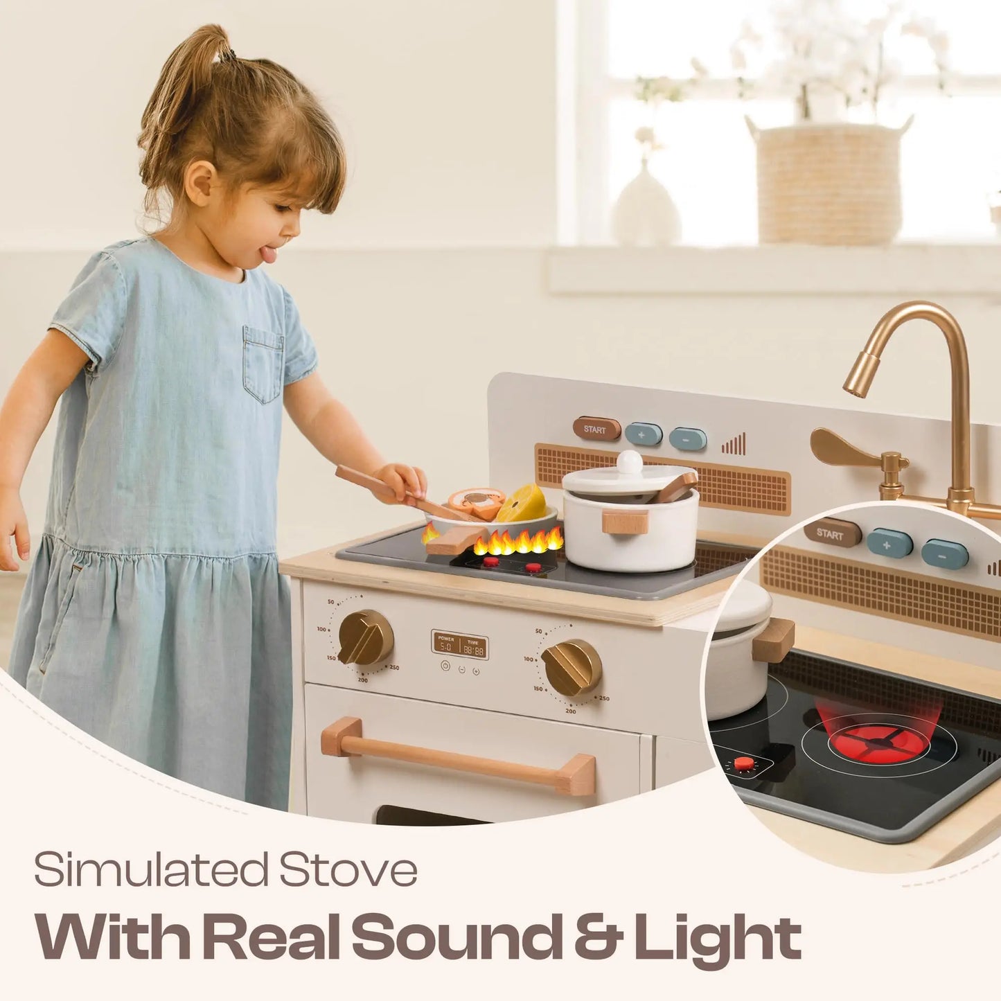 Wooden Play Kitchen with Real Lights Sounds Ice Cube Dispenser -White - Ohberri