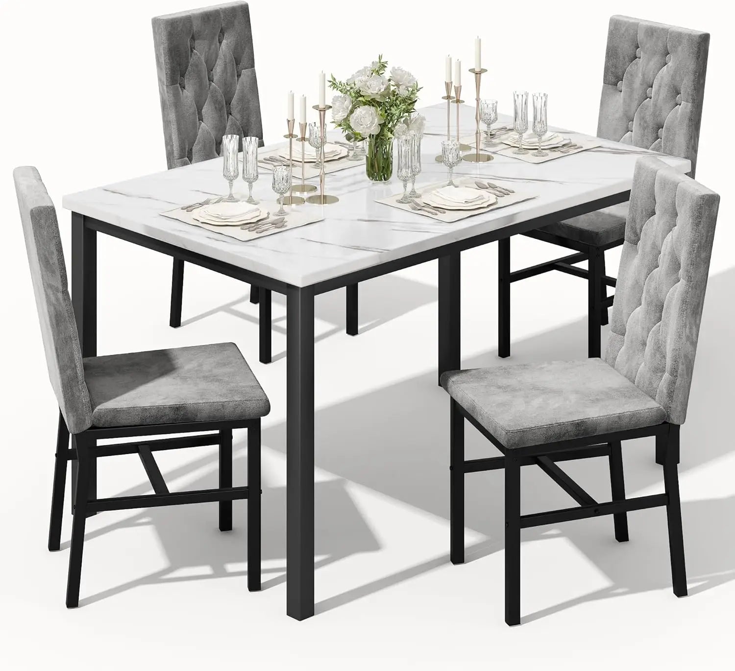 Dining Table Set for 4, Faux Marble Small Kitchen Table Chairs Set of 4 with Luxurious Button Tufted Dinner Chairs - Ohberri