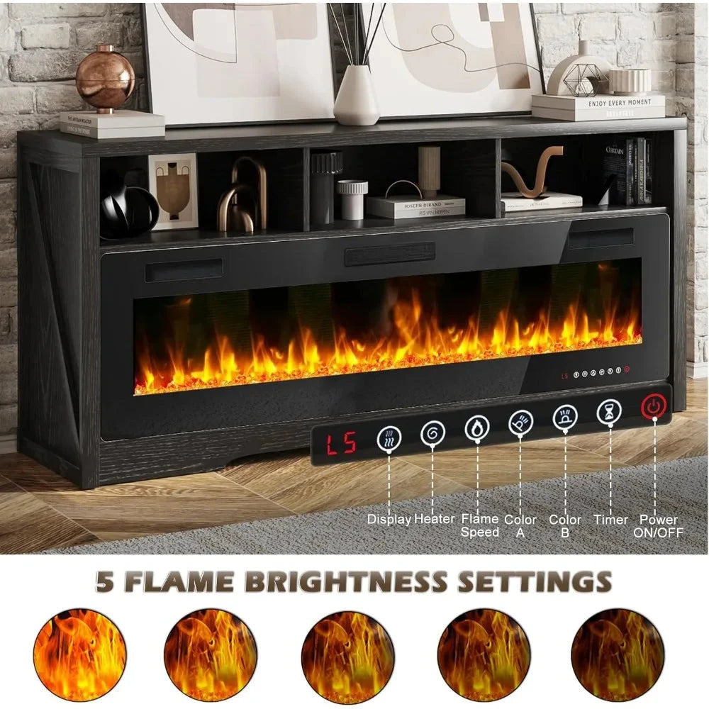 65''Fireplace TV Stand with 60" Fireplace with Open Storage Shelve Ohberri