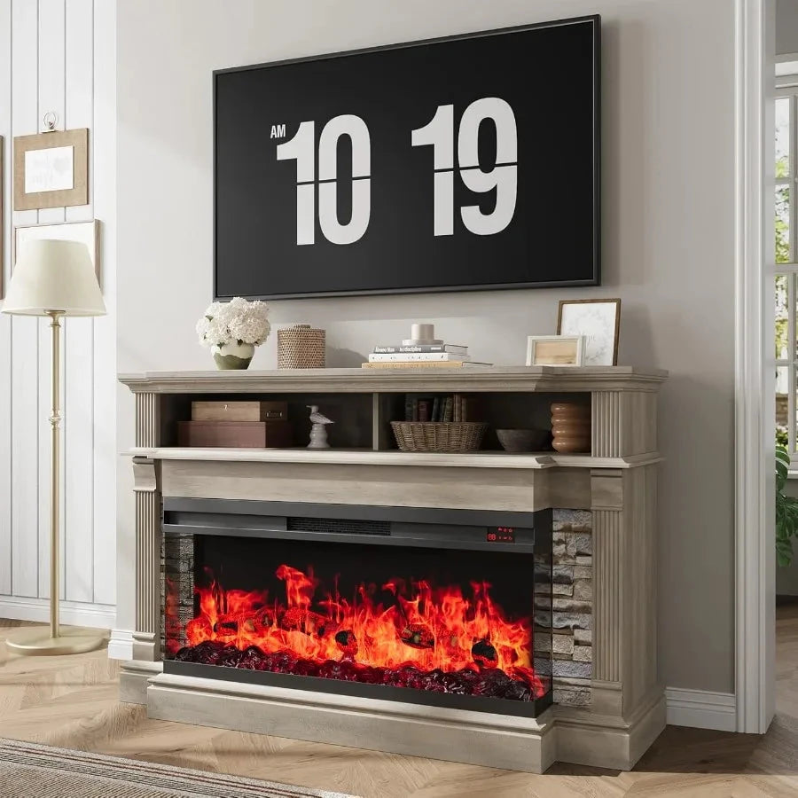 Fireplace TV Stand for TVs up to 65 with Farmhouse 3Side Glass Ohberri