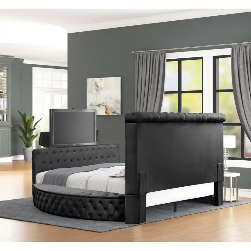 Black Queen Vanity Bedroom Set 5-Piece Wood Furniture with Crystal Tufting, Stylish and Elegant Design for Modern Decor - Ohberri