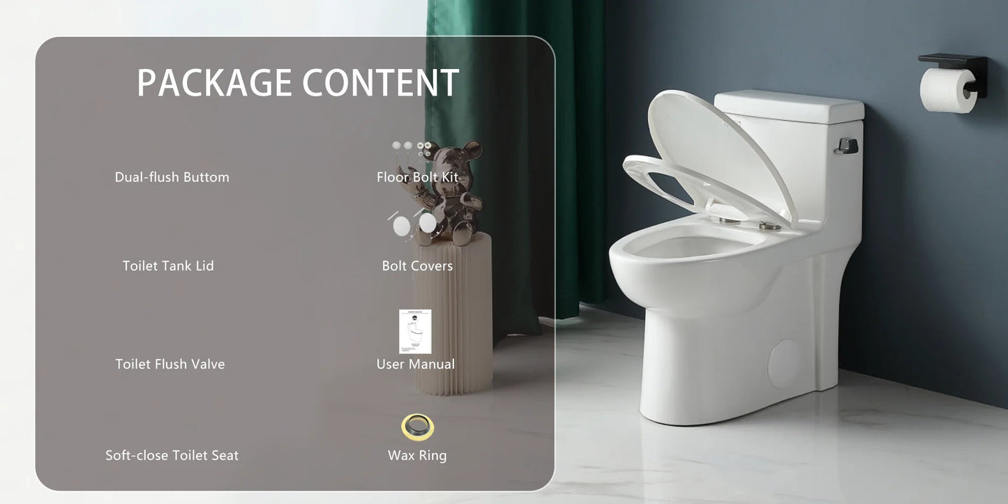 1.28 GPF Single-flush One Piece Toilet, Water-Saving Elongated Ohberri