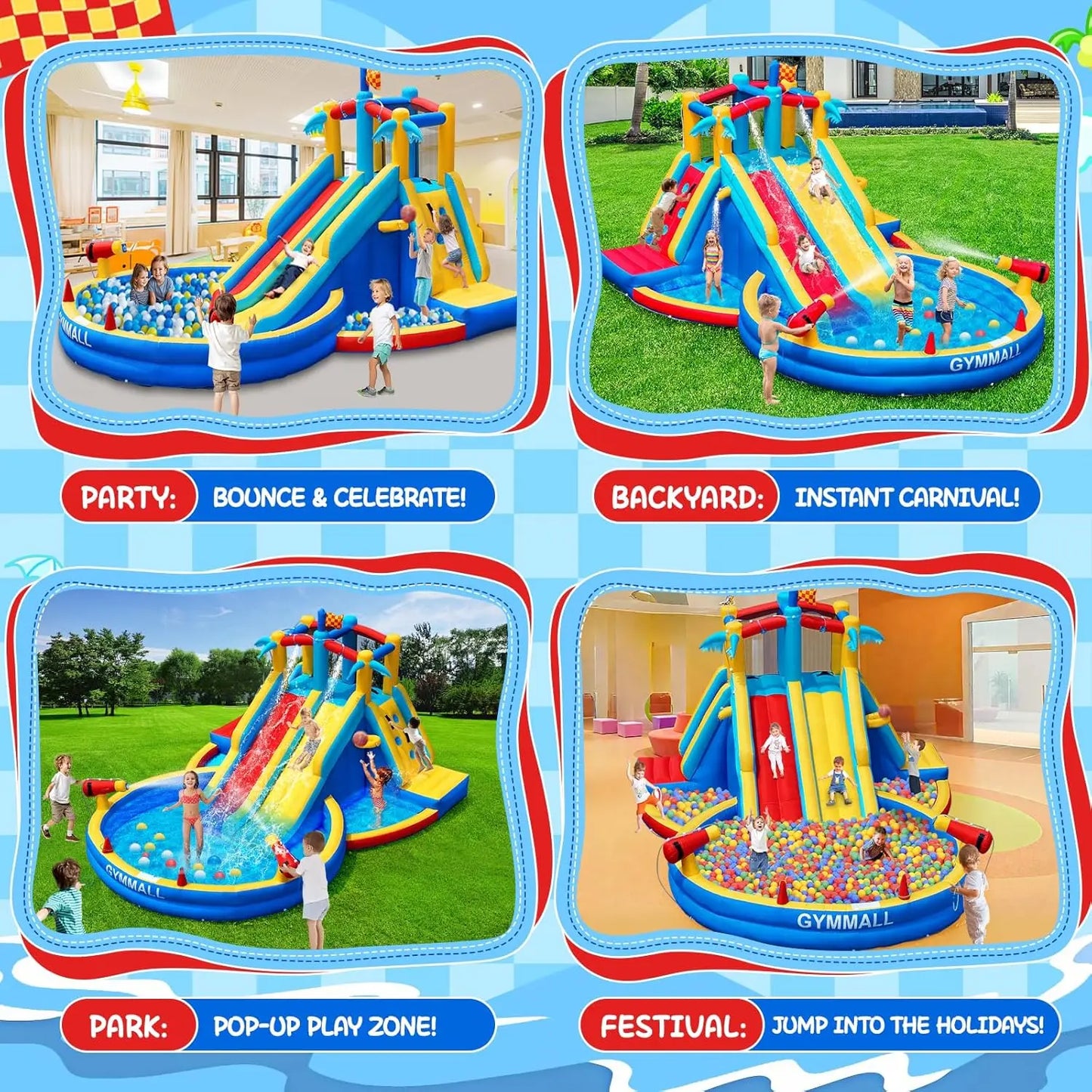 Inflatable Water Slide Bounce House with 550 W Blower, Blow up 8-in-1 Waterslide - Ohberri