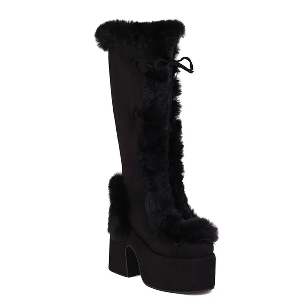 Faux Suede Round Toe Side Zipper Lace-Up Warm Boots Ohberri