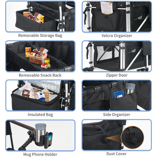 Wagon Stroller - Foldable Cart with 2 High Seats, 5-Point Harnesses, Adjustable Canopy - Ohberri