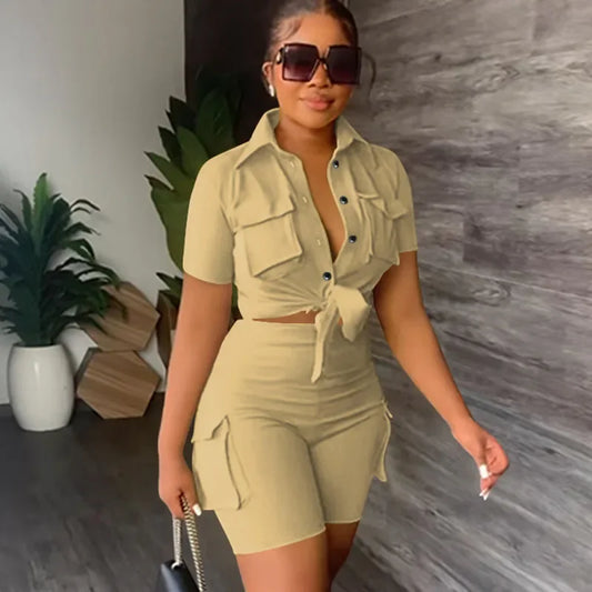 Streetwear Two Piece Set for Women Summer Outfits Pockets Short Sleeve Button-Up Shirt Top Short Sets Party Club Matching Sets - Ohberri