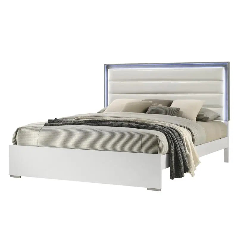 Contemporary 5-Pc King Bed Set with LED Headboard, Wood, White Finish - Ohberri