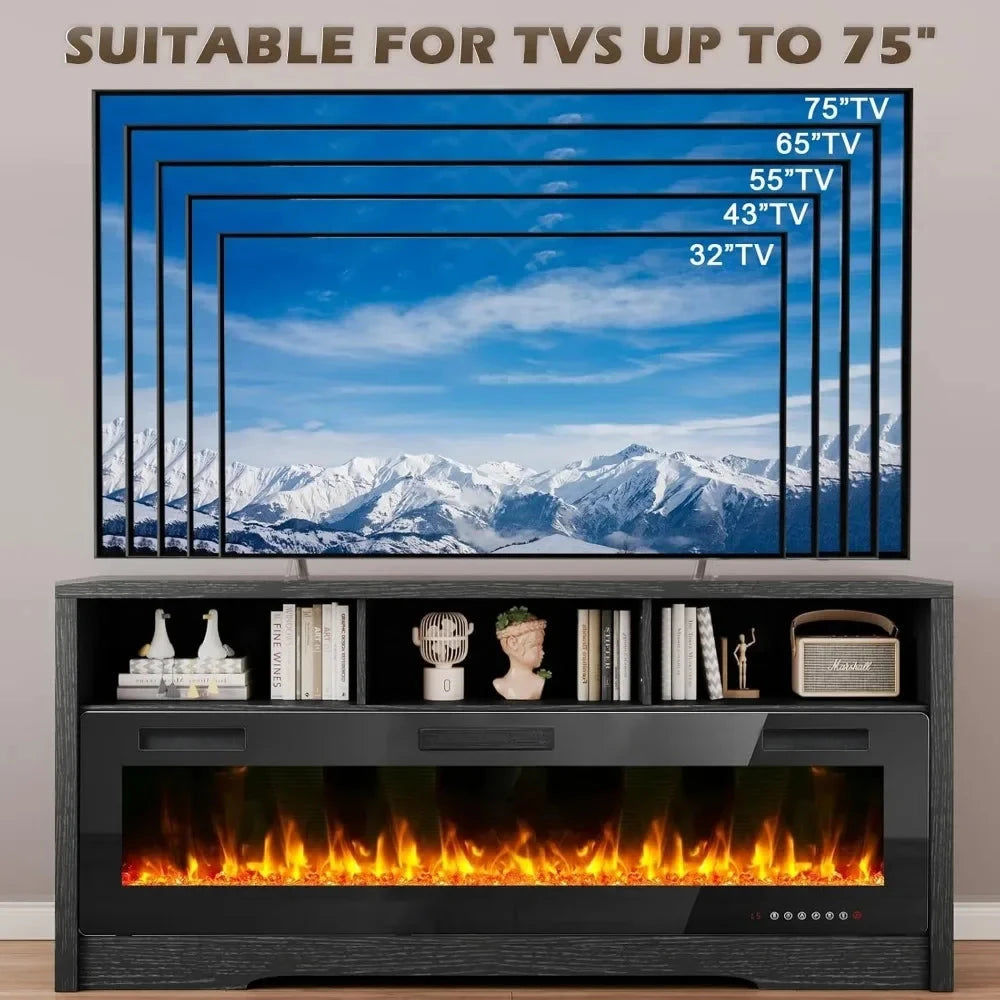 65''Fireplace TV Stand with 60" Fireplace with Open Storage Shelve Ohberri