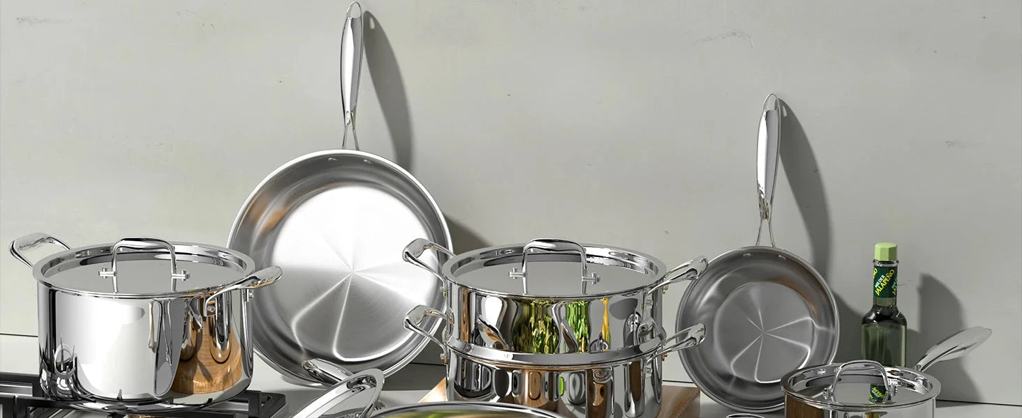 Stainless Steel Cookware Set, 5 Ply 14 Piece Stainless Steel Pot and Pan Set-Induction Ohberri