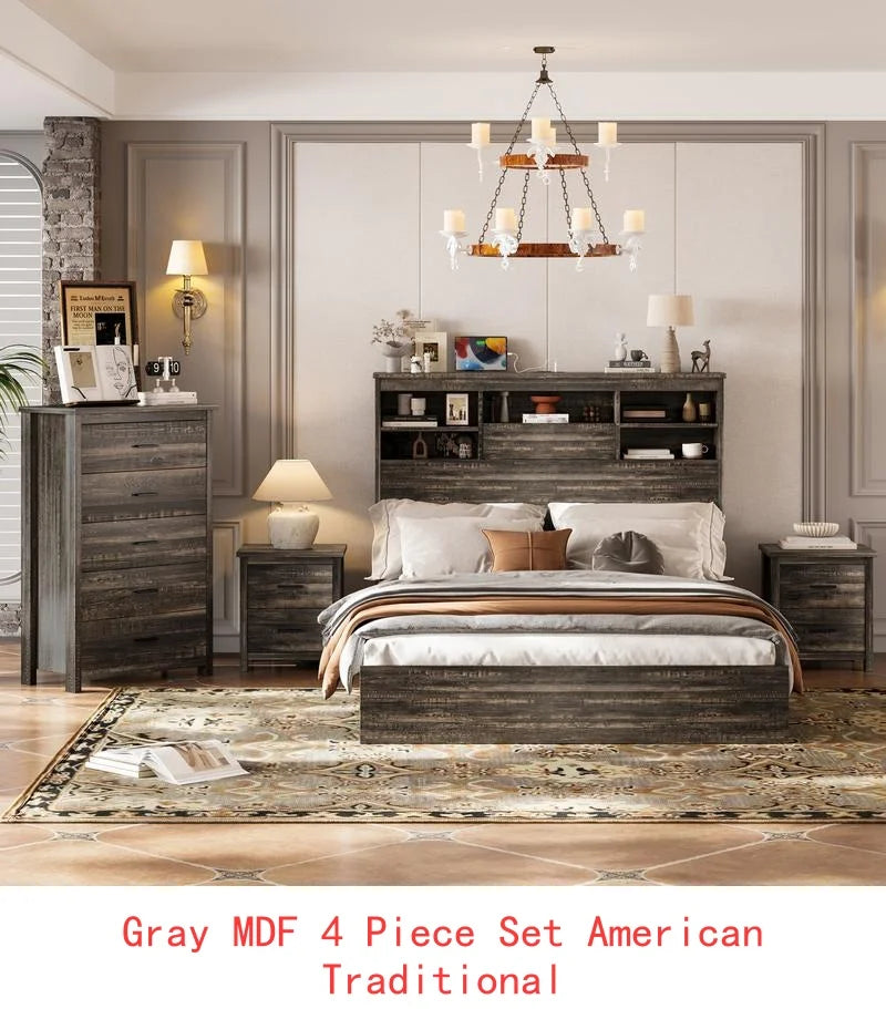 4-Piece Bedroom Set, Queen Size Bed Frame with Storage Headboard & Charging Station, 2 Nightstands with 2 Drawers - Ohberri