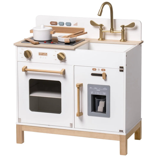 Wooden Play Kitchen with Real Lights Sounds Ice Cube Dispenser -White - Ohberri