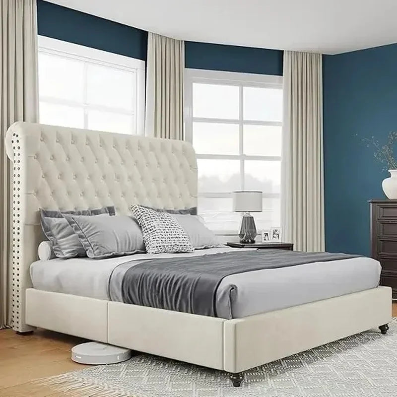 King Size Bed Frame with Velvet Tall Sleigh Headboard, 52.8" Button-Tufted Design, Elegant and Stylish - Ohberri