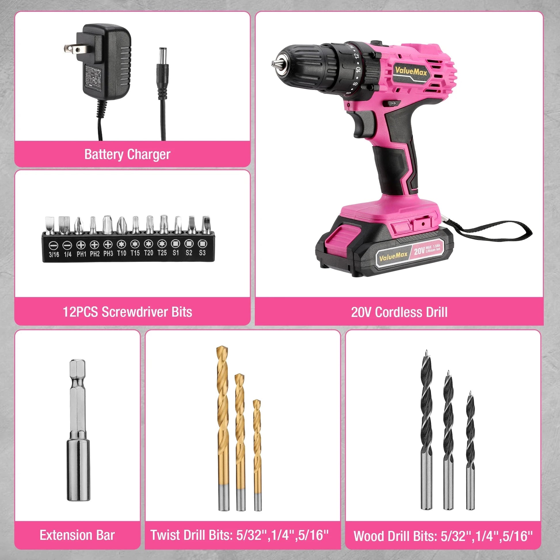 20V 3/8" Pink Cordless Drill Set  18+1 Torque Settings, Power Drill Set with LED Light and Magnetic Holder Ohberri