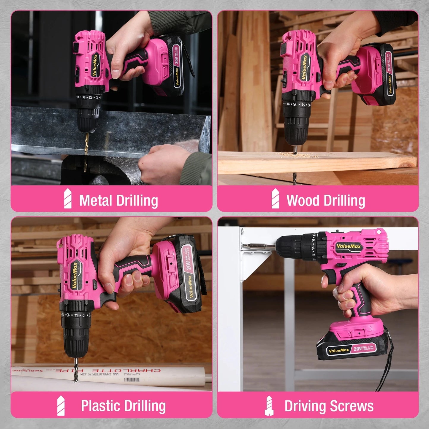 20V 3/8" Pink Cordless Drill Set  18+1 Torque Settings, Power Drill Set with LED Light and Magnetic Holder Ohberri