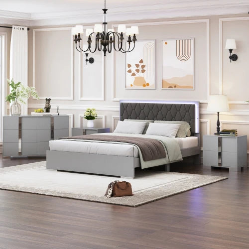 4-Pieces Bedroom Sets Queen Size Upholstered Bed with LED Lights, Mirrored Nightstands and Dresser with Metal Handles and Legs - Ohberri